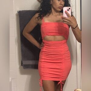 Coral Cutout Ruched Dress